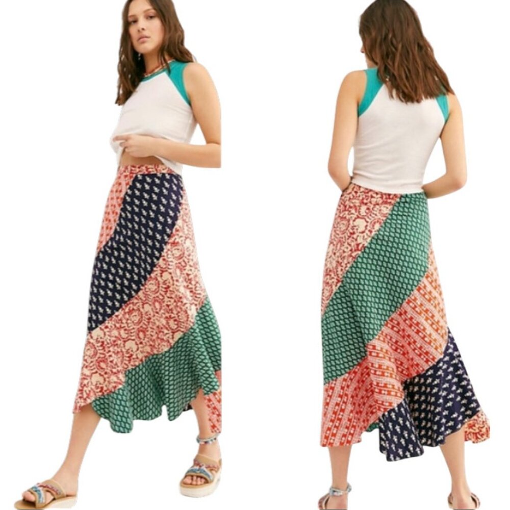 FREE PEOPLE Polska Medley Floral pattern mix Swirly Patchwork Maxi Skirt Size 10 - Picture 3 of 16